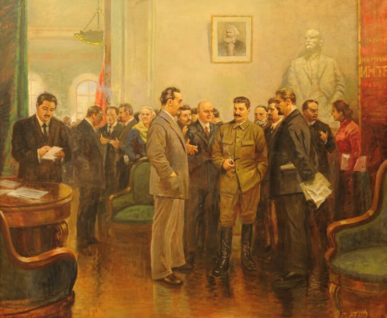 Stalin reunido com Dimitrov e outros representantes da Internacional Comunista em fevereiro de 1926, durante o VI Pleno Ampliado do Comitê Executivo da Comintern (ECCI). Pintura de Ivan Vepkhvadze, que integra o acervo do Museu Stalin, em Gori, Geórgia.